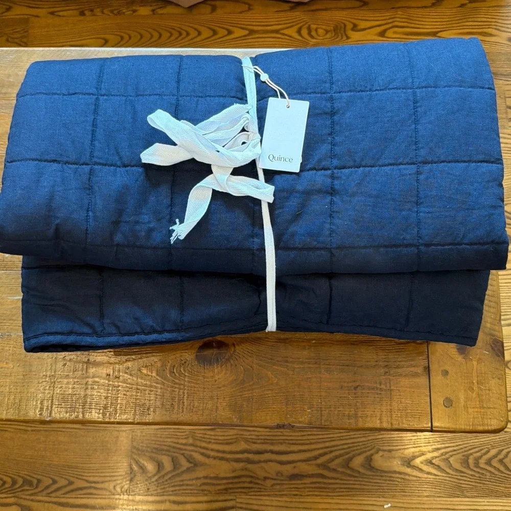 Quince European Linen Box Quilt Bedding King/Cal King Size Navy Blue NEW